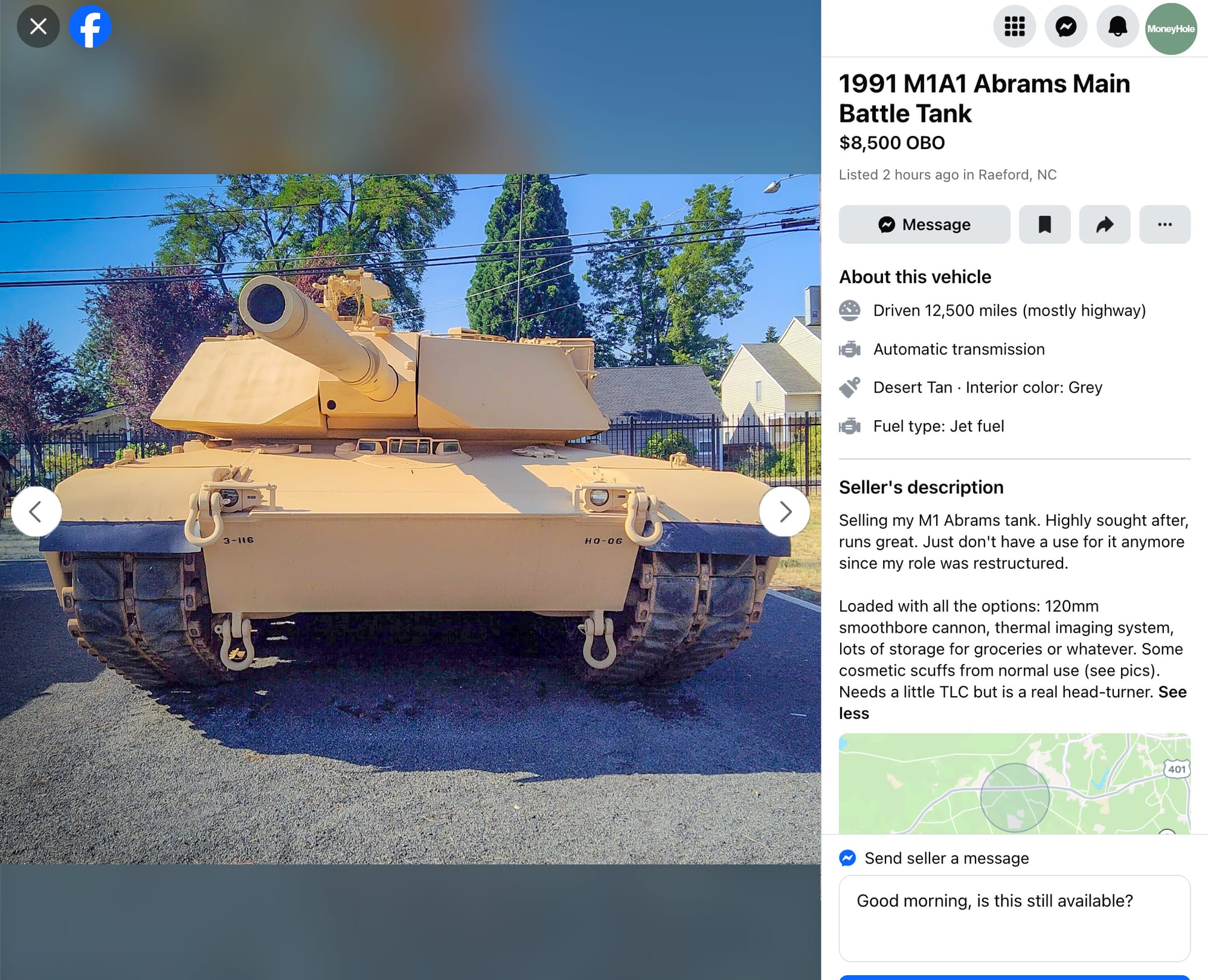 An M1 Abrams tank listed as if for sale