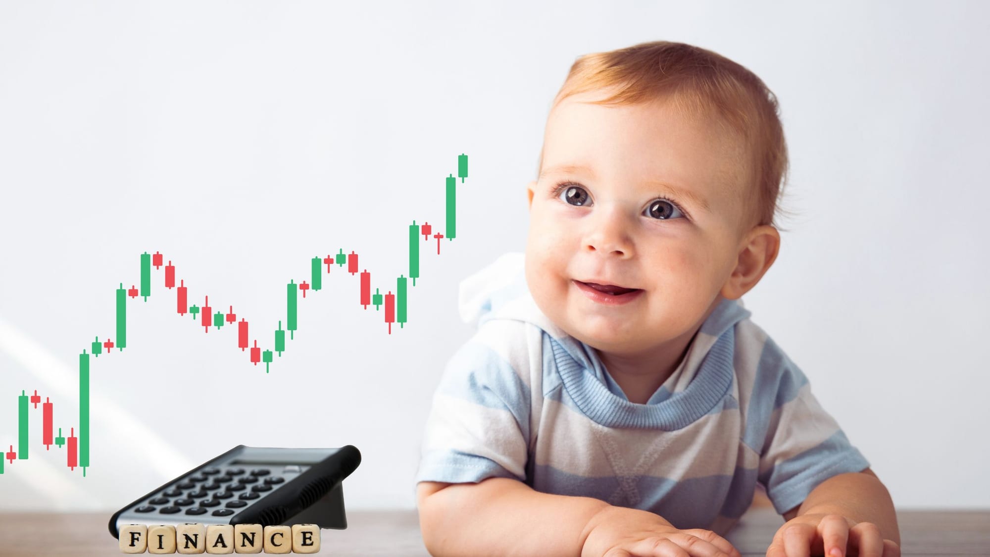 A smiling baby in a striped shirt next to a calculator, a stock chart, and blocks spelling FINANCE