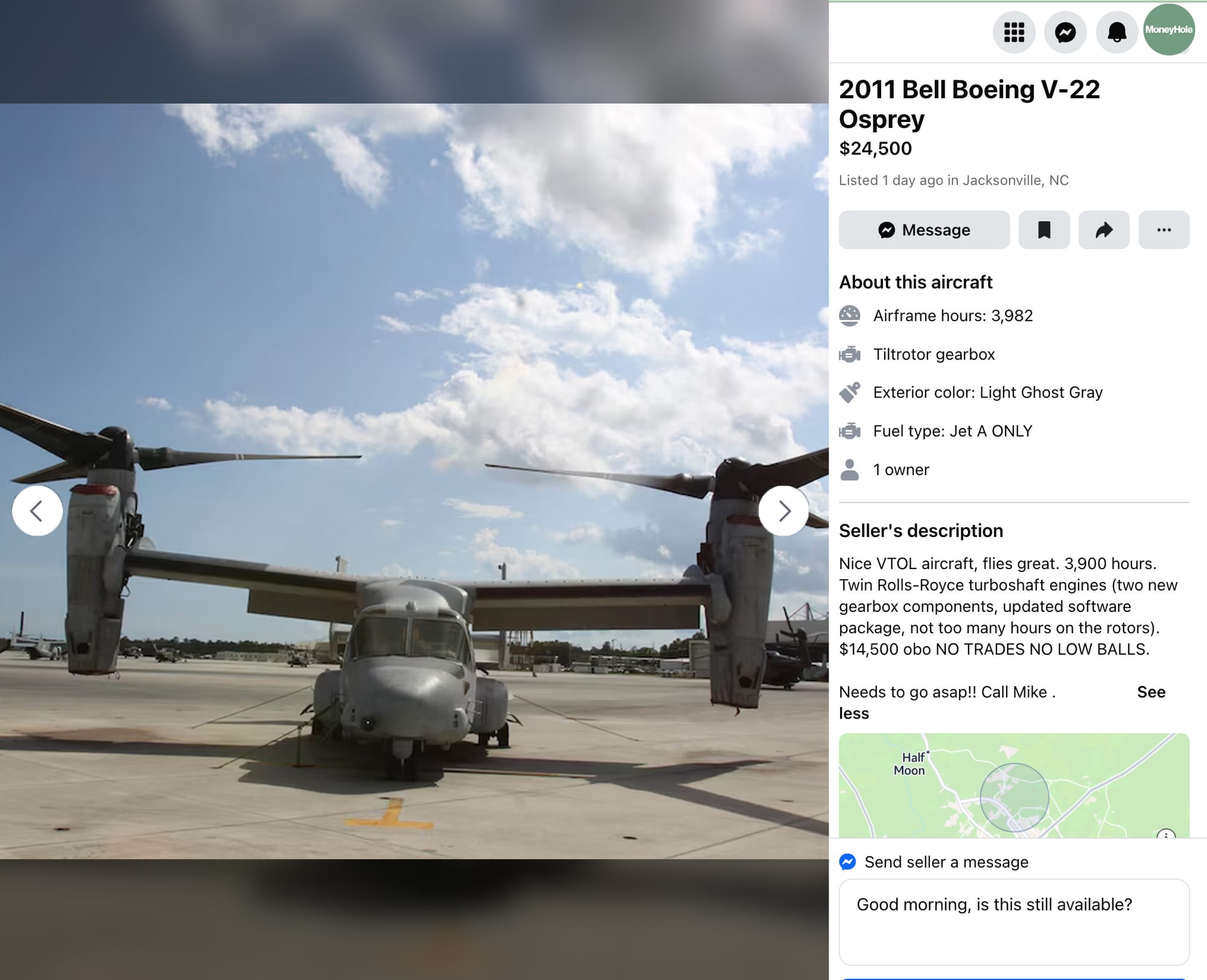 An MV-22 Osprey listed as if for sale