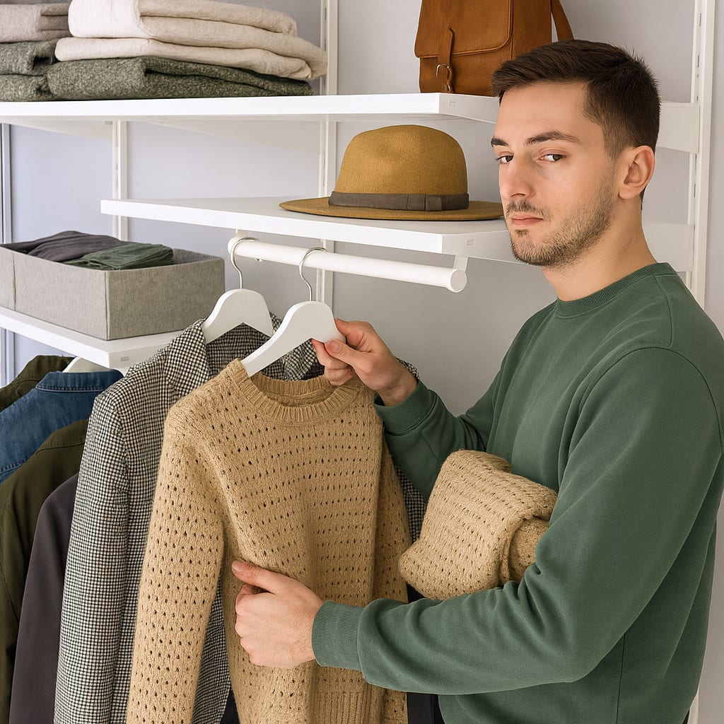 A man in a green sweatshirt holding a beige sweater on a hanger in a white closet