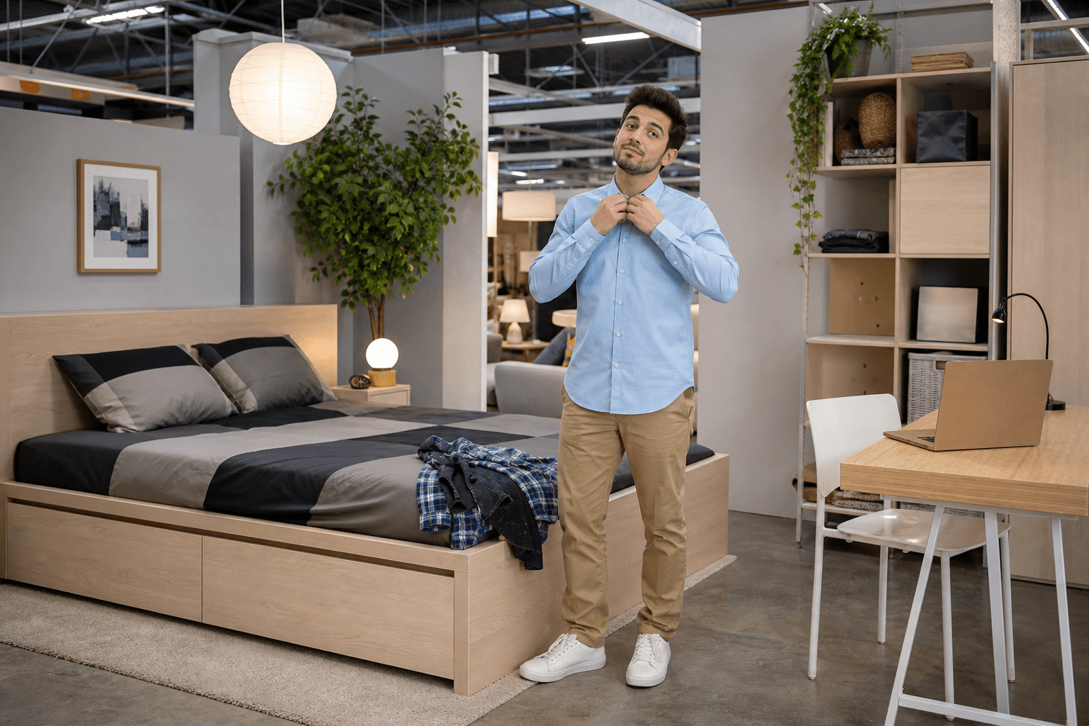 A man in a pale blue oxford standing in a furniture showroom apartment vignette